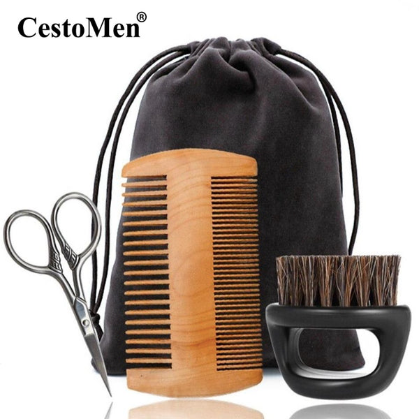 CestoMen 3pcs Boar Bristle Beard Comb & Beard Brush Set