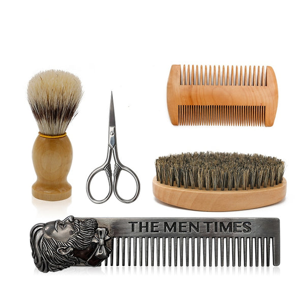 5pcs/set Soft Wooden Boar Bristle Mustache Comb Kit with Gift Box