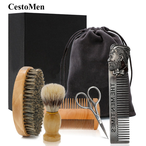 5pcs/set Soft Wooden Boar Bristle Mustache Comb Kit with Gift Box