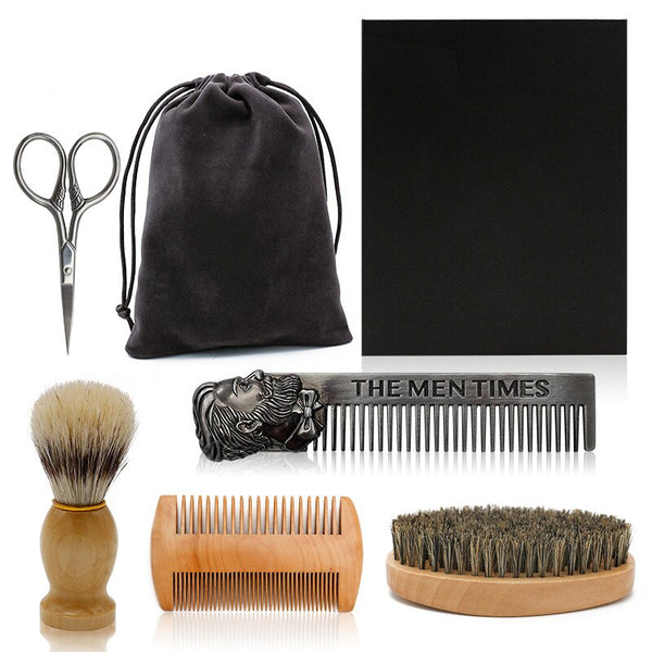5pcs/set Soft Wooden Boar Bristle Mustache Comb Kit with Gift Box