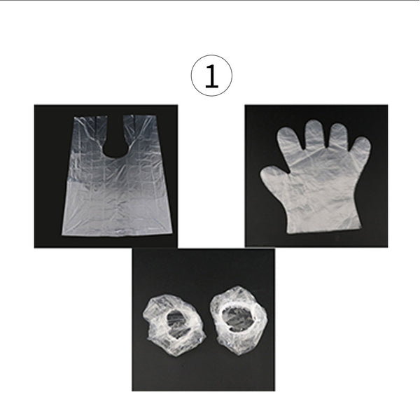 PE Transparent One-off Ear Cover, Gloves, Hair Cap, Disposable Cape set