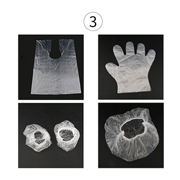 PE Transparent One-off Ear Cover, Gloves, Hair Cap, Disposable Cape set