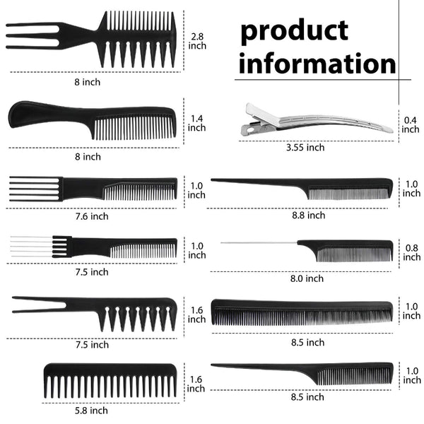 10 Pieces Hair Barber Styling Comb Set with 10 Pieces Duck Bill Clips
