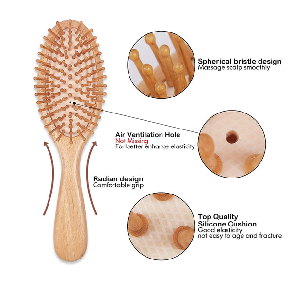 Natural Wood Hair Brush with Wooden Massage Scalp Comb 3 pcs