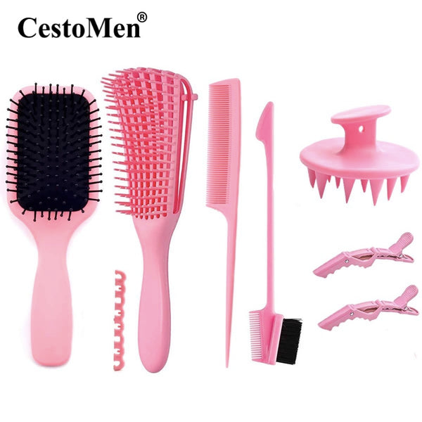 7pcs Pink Hair Brush Set for Woman Man