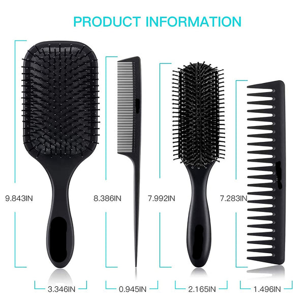 4Pcs Paddle Hair Brush, Detangling Brush and Hair Comb Set