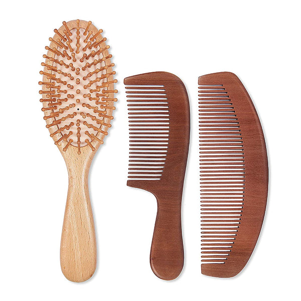 Natural Wood Hair Brush with Wooden Massage Scalp Comb 3 pcs