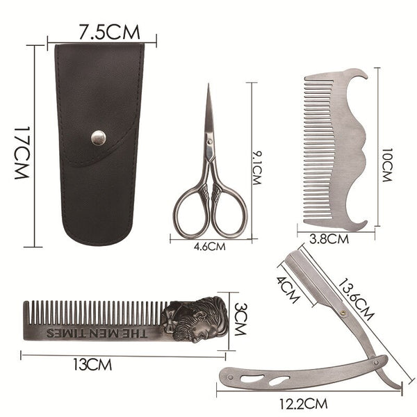 4pcs/set CestoMen Barber Shaving Razor Trimming Scissors And Beard Care Comb Set With PU Pouch