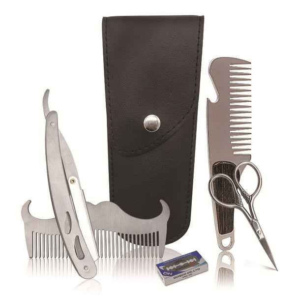 4pcs/set CestoMen Barber Shaving Razor Trimming Scissors And Beard Care Comb Set With PU Pouch