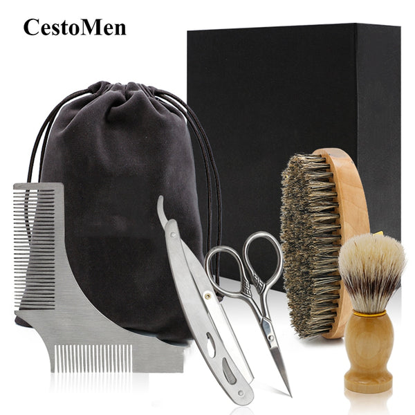 5pcs/set Soft Wooden Boar Bristle Mustache Comb Kit with Gift Box
