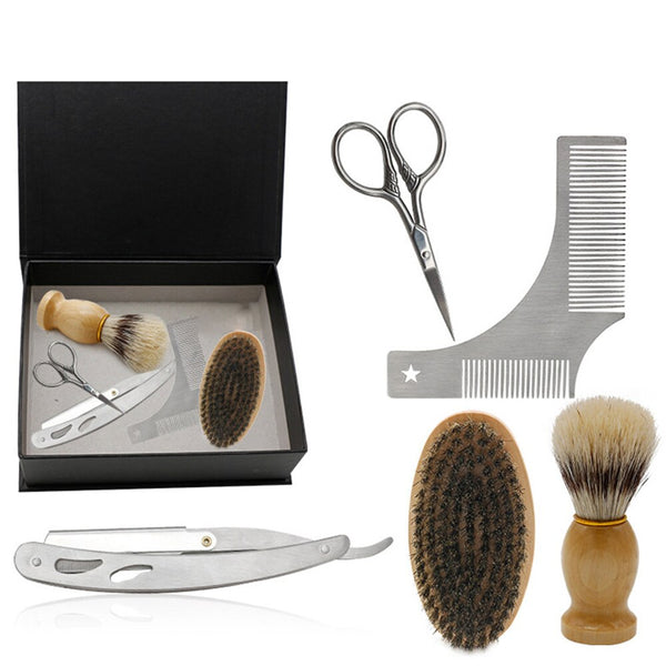 5pcs/set Soft Wooden Boar Bristle Mustache Comb Kit with Gift Box