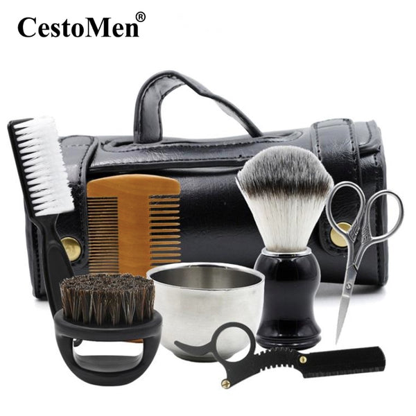 CestoMen Badger Hair Brush Shaving Kit With PU Leather Bag