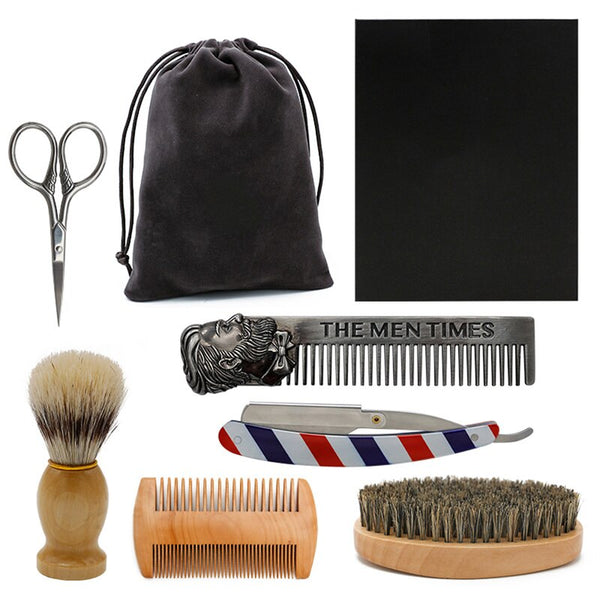 6pcs/set Soft Wooden Boar Bristle Mustache Comb Kit with Gift Bag