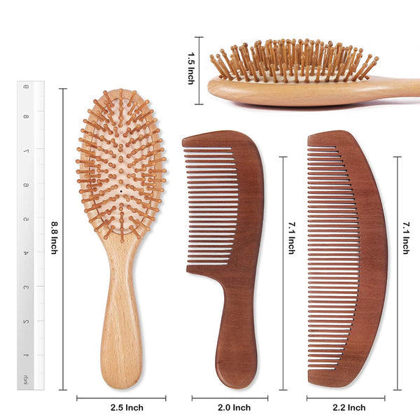 Natural Wood Hair Brush with Wooden Massage Scalp Comb 3 pcs