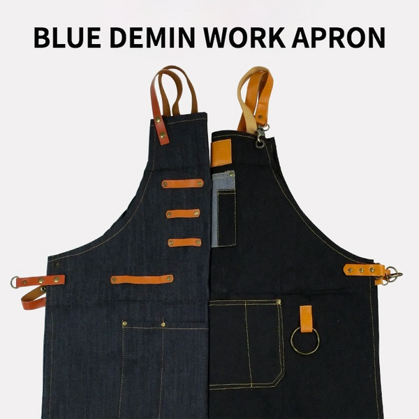 Blue Denim Leather Trim Cross-back Work Apron 2 Types